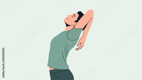 Woman in profile with eyes closed, hand on neck, light green top, neutral background