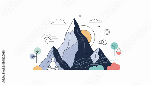 Minimalist illustration of a person meditating in front of a mountain range with a cloudy sky