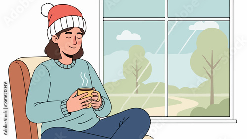 Young woman with brown hair sitting in a brown armchair, holding a steaming mug, with a picturesque landscape view through a large window