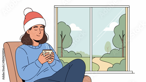 Woman in blue sweater and red-and-white beanie sitting in cozy indoor setting with white ceramic mug and rural landscape view
