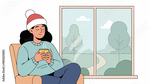 Woman in light blue sweater sitting in armchair with coffee near window overlooking tranquil landscape