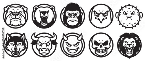 Set of ten angry animal and creature vector avatars including a bulldog bear gorilla eagle pufferfish wolf bull imp skull and lion
