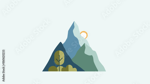 Stylized mountainous landscape with orange sun and trees