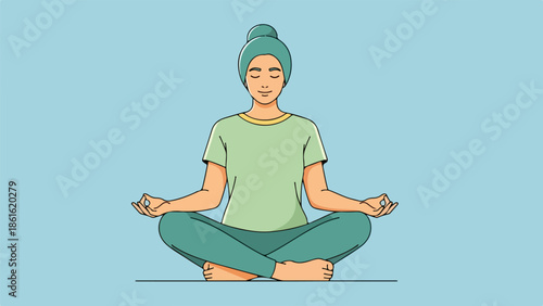 Woman in meditative pose with light green outfit on light blue background
