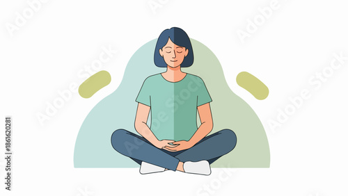 Woman in meditative pose with short dark hair, light green t-shirt, and dark blue pants, seated with hands on knees, soft background