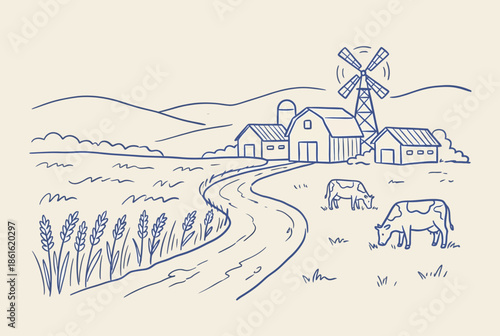Charming Hand-Drawn Farm Scene with Cows and Windmill