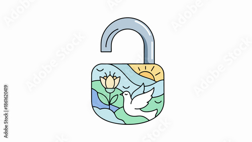 Open padlock with intricate landscape scene featuring a flower, dove, and sunrise or sunset