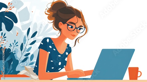 Illustration of a woman wearing glasses and a blue polka dot dress working on a laptop, with a coffee cup nearby