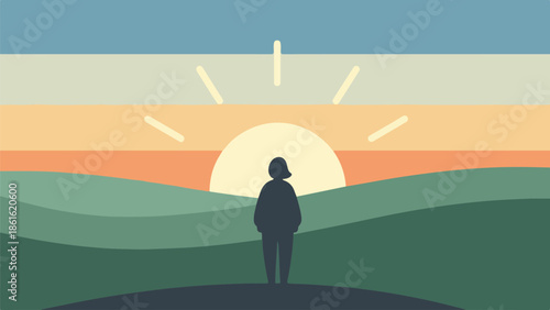 Female silhouette standing on a hill at sunset with rolling green hills and a radiant sky
