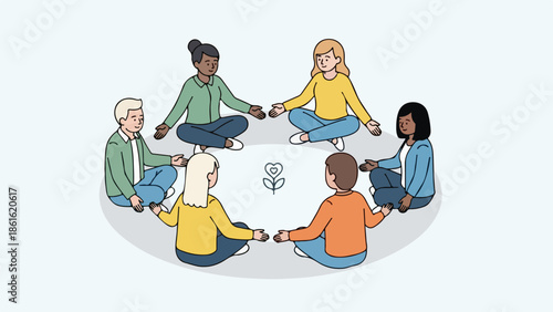 Diverse group of six people in a meditative circle with a heart and plant symbol in the center