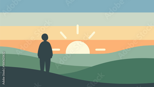 Silhouette of a person standing on a hill during a vibrant sunset with rolling green hills and a warm-toned sky