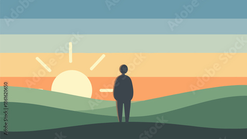 Male figure in contemplation on rolling hills during sunset