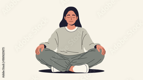 Young woman in meditative pose with long dark hair and light gray clothing