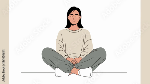 Minimalist portrait illustration of a woman seated in a cross-legged position with short dark hair, light long-sleeved top, gray pants, and white socks