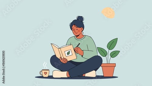 Young woman writing in journal with potted plant and steaming cup