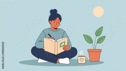 Young woman journaling with a book, mug, and potted plant on a light blue gradient background