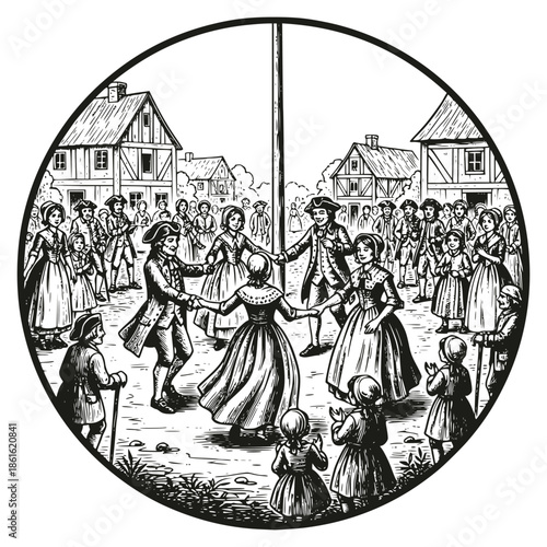 Vintage circular woodcut illustration of a colonial village festival. People in traditional attire dancing around a maypole in a town square. Historical black and white engraved art style.