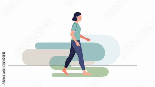 Woman walking barefoot in dynamic pose against abstract background of blues, greens, and beige tones