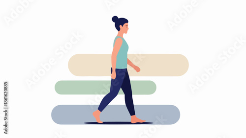 Minimalist illustration of a woman walking with a layered geometric background