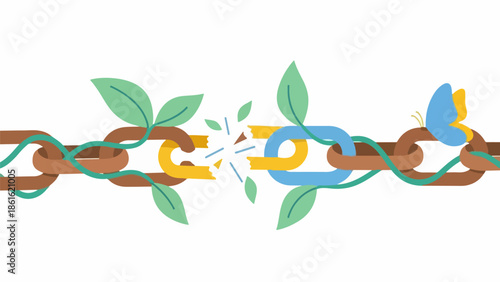 Broken brown chain with yellow and blue accents, green leaves, and a butterfly symbolizing liberation and transformation