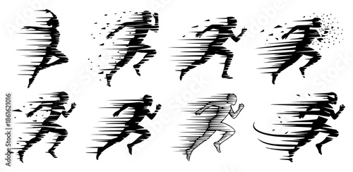 Abstract set of black speed silhouettes depicting runners in motion. Dynamic stylized athletes with motion blur effects for sports, fitness, and energy concepts on a white background.
