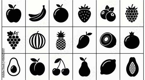 black and white fruit icons grid transparent background