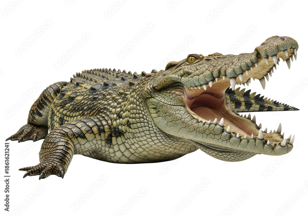 Fototapeta premium Formidable crocodile with textured green-brown scales, open jaws, sharp teeth, 3/4 view, isolated on a transparent studio background. Concept of wild danger