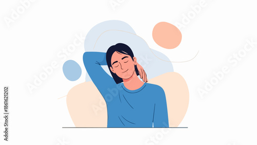 Portrait illustration of a woman in quiet reflection with short dark hair and a blue top