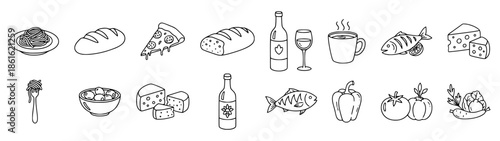 Minimalist hand-drawn set of food and beverage icons. Simple black line art collection featuring bread, wine, pasta, fish, and vegetables on white. Modern culinary graphic design elements.