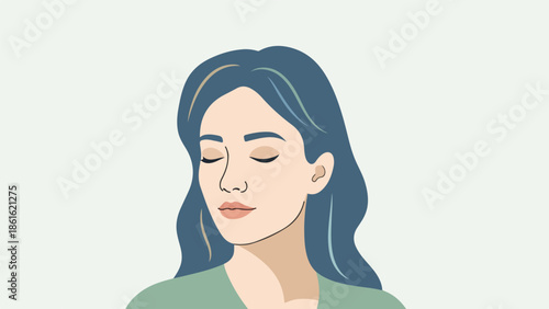 Portrait illustration of a woman with long wavy blue hair and a light green top