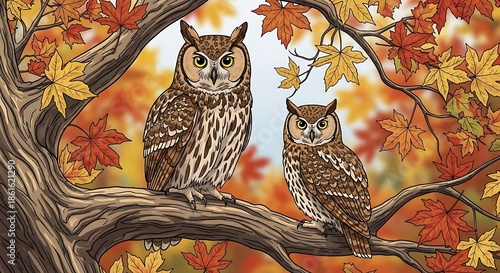 Two Owls Perched on a Branch in Autumn.