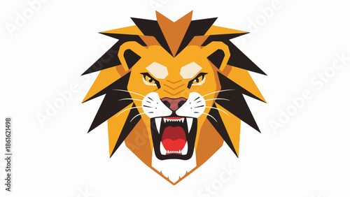 Close-up illustration of a lion's head with an open mouth and sharp teeth, featuring vivid orange and yellow fur, a deep black mane, and a neutral gray background