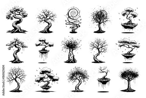 Collection of stylized bonsai trees and Zen-inspired nature silhouettes. Hand-drawn black and white ink illustrations featuring twisted trunks, floating islands, and organic swirling forms.
