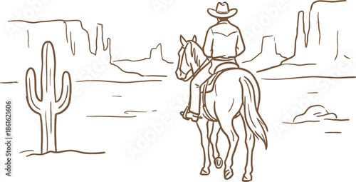 Cowboy riding a horse through a desert landscape with cacti and mesas