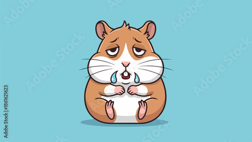 Illustration of a sad hamster with light brown and white fur on a blue background