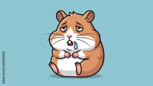 Sad hamster with light brown and white fur on blue background
