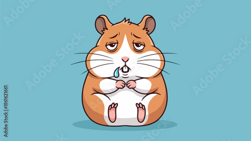 Close-up illustration of a sad hamster with orange and white fur on a blue gradient background
