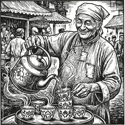 Traditional tea master pouring hot tea from an ornate kettle into small cups in a bustling market. Vintage woodcut style illustration of a smiling vendor in authentic cultural attire.