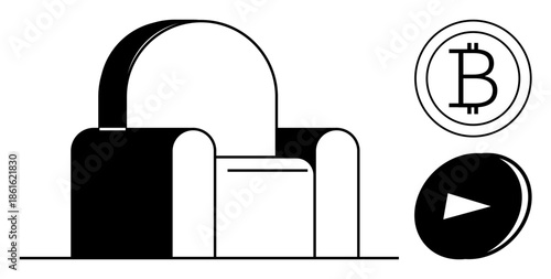 Cryptocurrency, blockchain, digital finance, decentralized network, fintech, online investments. Minimalist Bitcoin icon and a contemporary abstract design. Cryptocurrency and blockchain concept