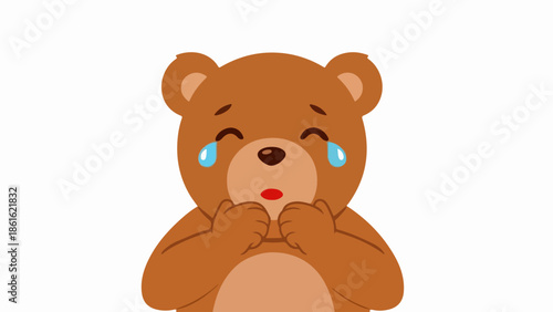 Animated teddy bear with sad expression on light beige background