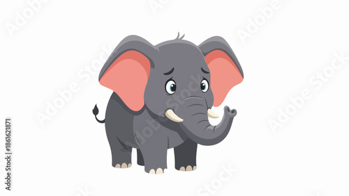 Playful baby elephant illustration with pink ears and gray body on light gray background