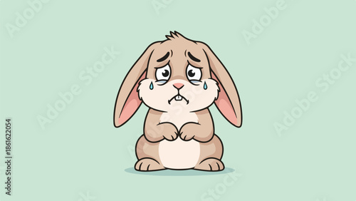 Sad rabbit illustration with light brown fur and pink ears on a muted green background