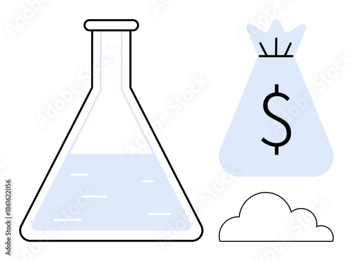 Flask with liquid, money bag with dollar sign, and cloud symbolizing financial investment, innovation, and cloud technology. Ideal for science funding, startups, research, finance cloud computing