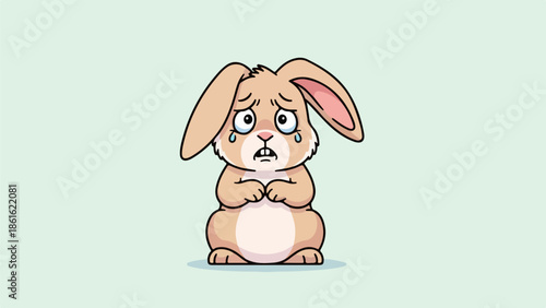 Cartoon illustration of a seated light brown rabbit with a distressed expression