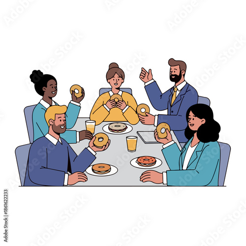 A digital illustration of a diverse group of colleagues enjoying bagels and beverages while seated around a table in a casual meeting setting. Perfect for business meetings, team building,