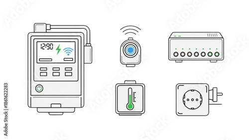 Smart Home Technology Icons Energy Meter, Thermometer, and Smart Plug