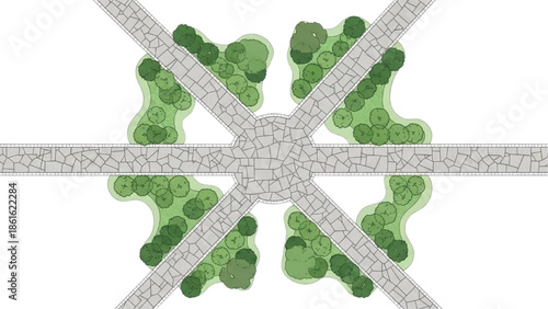 Diagram of an urban intersection with green areas, illustrating city planning and landscape architecture