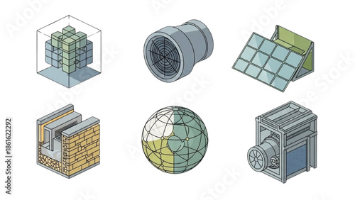 Isometric graphic collection of diverse engineering and architectural concepts, featuring technological components and building designs for modern innovation