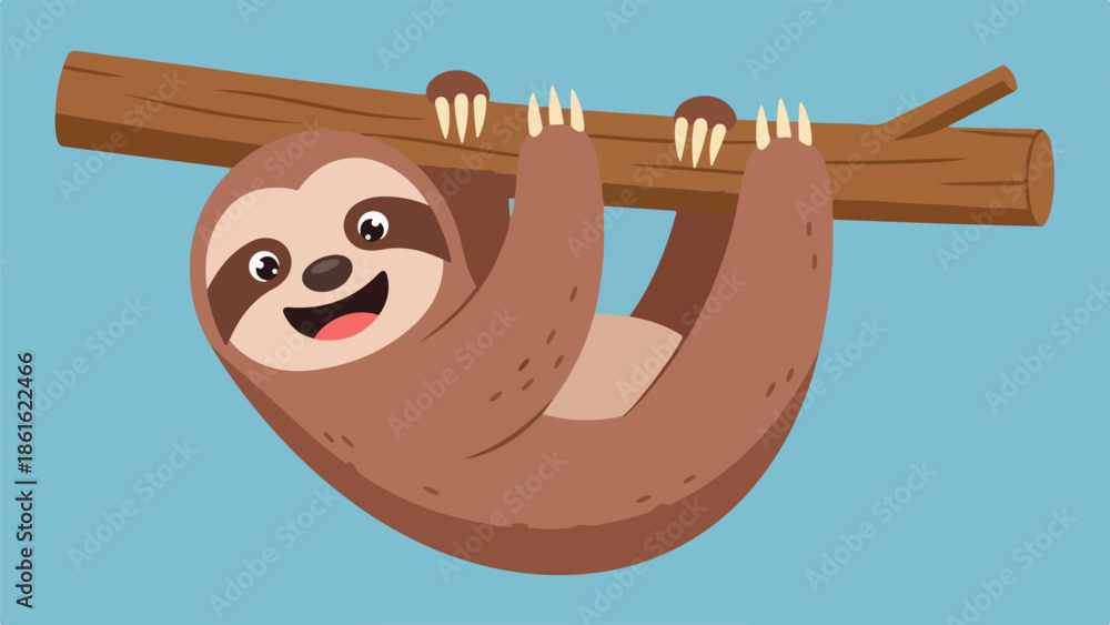 Naklejka premium Light brown sloth hanging from a textured tree branch with a light blue background