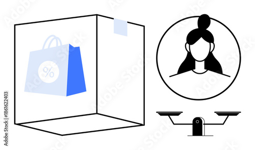 Online shopping, customer analytics, e-commerce, retail marketing, data balance, user insights. A discount shopping bag, a user profile and a balanced scale. Online shopping and customer analytics